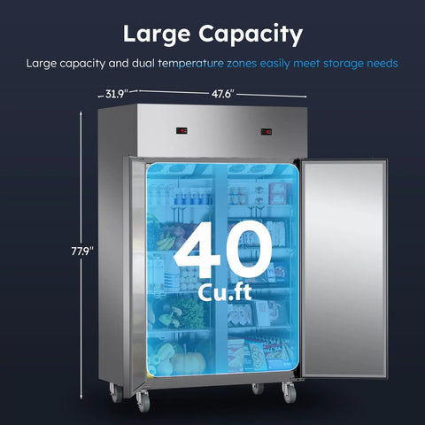 Rock Solid Fifty Inch Wide Commercial Refrigerator Freezer Combo serving Forty Cu Ft dual zone chill with brushed stainless body.