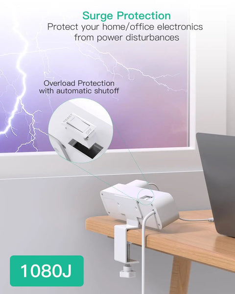 8 In 1 Desk Clamp Power Strip With 4 Outlets And 4 USB Ports Including 2 USB-C PD Fast Charge, installed under desk