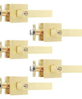 5 Pack Keyed Alike Exterior Door Levers With Lock in Gold Finish showing side view of reversible levers with keyholes
