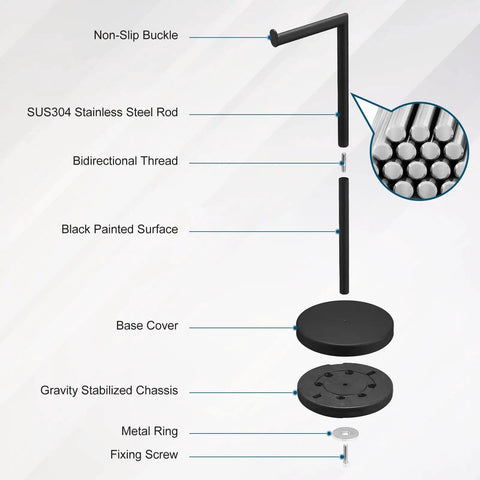 Diagram showing parts of Matte Black Freestanding Toilet Paper Holder Stand For Bathroom With Dope 304 Stainless Steel Rustproof Pedestal.