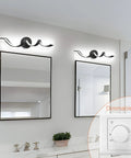 Dimmable 24 Inch Black LED Vanity Light With Dope Spiral Design For Over Mirror Install Modern Bath Lighting Fixture 15W Low Profile 6000K Daylight White Wall Mount installed above mirrors in bathroom with dimmer switch.