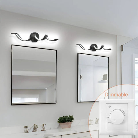 Dimmable 24 Inch Black LED Vanity Light With Dope Spiral Design For Over Mirror Install Modern Bath Lighting Fixture 15W Low Profile 6000K Daylight White Wall Mount installed above mirrors in bathroom with dimmer switch.