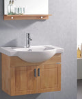 Modern bathroom with wooden cabinet, white ceramic sink, chrome faucet, and wall-mounted mirror shelf.
