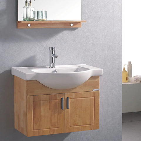 Modern bathroom with wooden cabinet, white ceramic sink, chrome faucet, and wall-mounted mirror shelf.