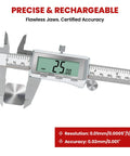 Six Inch Digital Caliper With Rechargeable Battery Backlit LCD Screen Stainless Steel Measuring Tool For 3D Printing DIY And Household Use Auto Off Quick Charge In Inch Millimeter And Fraction Conversion USB Charge Cable displaying 25mm measurement with steel jaws and clear scale