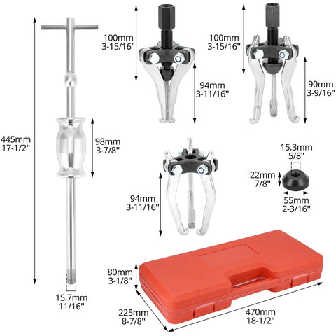 QWORK 3‑jaw gear puller set with slide hammer; steel pullers and red carrying case (front view)