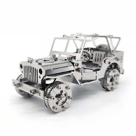 3D Metal Car Puzzle Model Kit With Mechanical Iron Blood Design, Dope DIY Buildable Vehicle For Adults Teens Men And Women, Stainless Steel Craft Kit For Collectors And Hobbyists Who Love Hands On Projects. silver metal car model kit, front angle