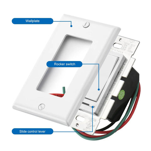 Single Pole Or 3 Way Dimmer Light Switch 1 Pack Heavy Duty Quick Install For Home Fixtures Smoothly Adjusts Dimmable Led Cfl Bulbs Up To Six Hundred Watts Zero Buzz, showing wallplate, rocker switch, and slide control lever.