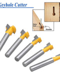 Five Piece T Slot Router Bit Set For T Track Grooving With Tough Carbide Cutters, keyhole cutters displayed with carbide tips.