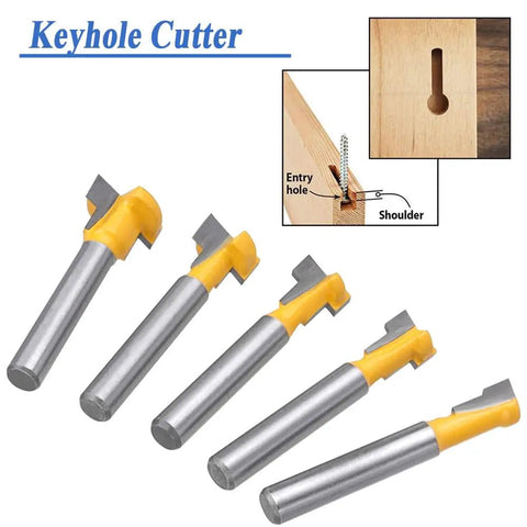 Five Piece T Slot Router Bit Set For T Track Grooving With Tough Carbide Cutters, keyhole cutters displayed with carbide tips.