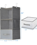 Big Time Hanging Closet Organizer With One Easy Fold Drawer And Three Roomy Shelves For No Sweat Closet Organization And Rock Solid Rod Mount Storage In Classic Grey, shown with dimensions.