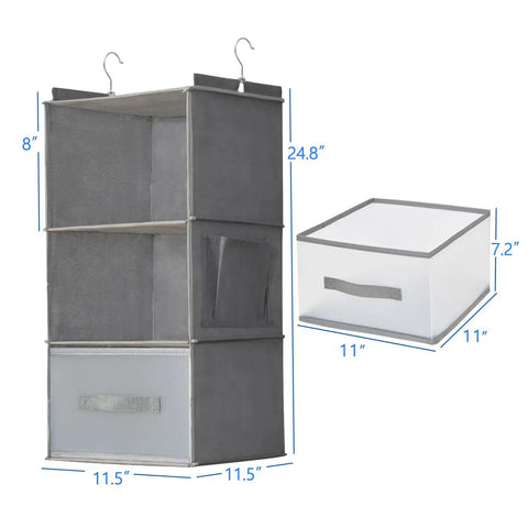 Big Time Hanging Closet Organizer With One Easy Fold Drawer And Three Roomy Shelves For No Sweat Closet Organization And Rock Solid Rod Mount Storage In Classic Grey, shown with dimensions.