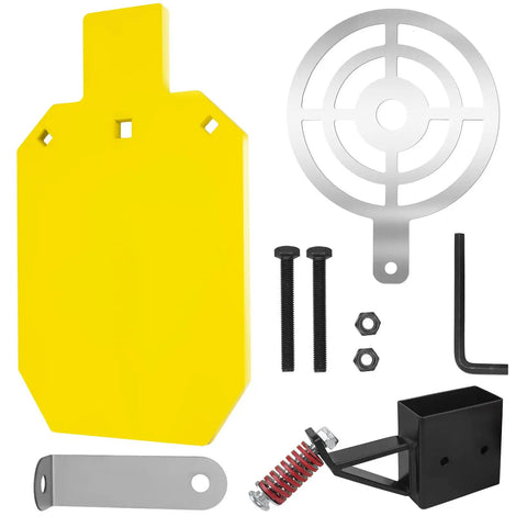 Heavy Duty AR500 Steel Target For Shooting With Target Stand And Yellow Silhouette Gong Half Inch Thick Metal Target parts shown
