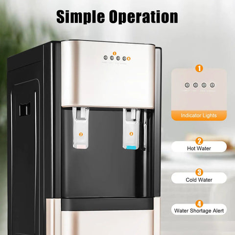 Bottom Loading 5 Gallon Water Dispenser With Hot And Cold Water, 620W 110V Vertical Cooler, indicator lights visible