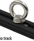 Close-up of rugged heavy duty stainless steel eye bolt tie down anchor on rail, part of 4 pack kit for roof rack and 4WD awnings.
