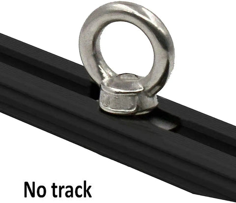 Close-up of rugged heavy duty stainless steel eye bolt tie down anchor on rail, part of 4 pack kit for roof rack and 4WD awnings.