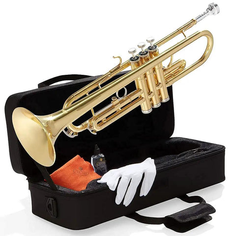 Bb Standard Trumpet Starter Kit In Gold For Beginners With Smooth Valves, Durable Lacquer Finish, Easy To Play Design, And Eye Catching Shine For Practice, School Band Or Band Camp. Gold Bb trumpet starter kit in open case with mouthpiece and gloves