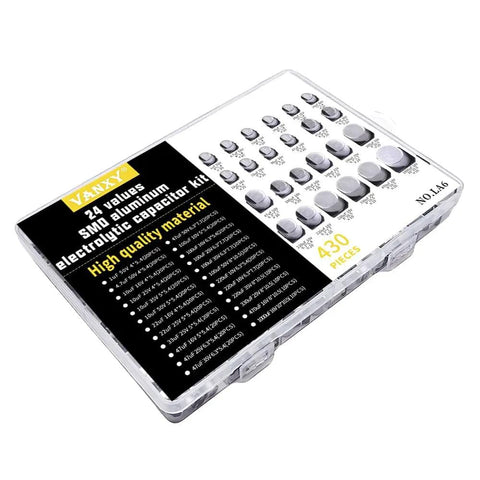 24 Values 430 Pcs SMD Aluminum Electrolytic Capacitors Assortment Kit in clear storage box on white background