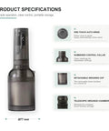 Product specifications for Kick Up Your Daily Brew Game With This Portable Electric Coffee Grinder with a sleek design.