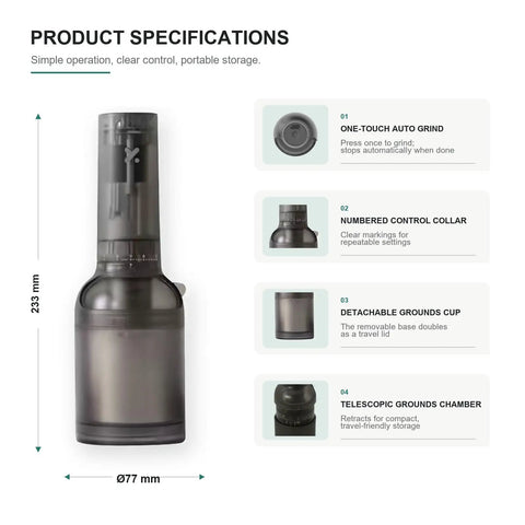 Product specifications for Kick Up Your Daily Brew Game With This Portable Electric Coffee Grinder with a sleek design.