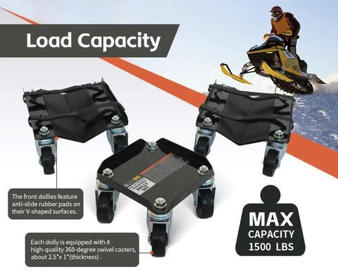 Snowmobile Moving Dolly Set With 1500 Lb Load Capacity V Slide Anti Slip Rubber Pads Straps For Secure Attachment