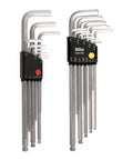 Ball End Hex L Key Set With Extra Long Reach 22 Piece Inch And Metric Chrome Vanadium Steel Black Finish displayed in holders