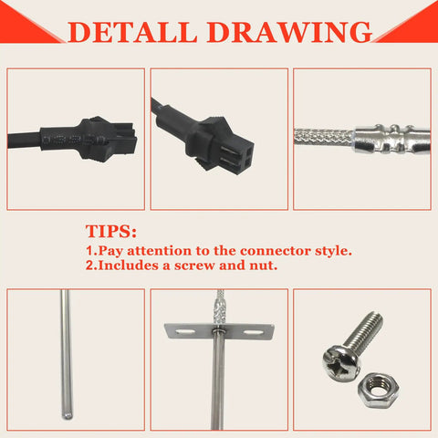 Replacement RTD Temperature Probe Sensor For Pellet Grills And Smokers, 3.5-Inch Probe With 17-Inch Stainless Wire, Easy Install, Includes 2 Screws And Nuts, Compatible With PB1000XL-025-R00 V2 Style Grills. Detail drawing of probe, connector, wire, screw and nut