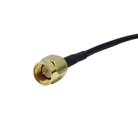 Close-up of 18 Foot SMA Extension Cable With SMA Male To Female Connector For SDR Radios, gold-plated connector visible.