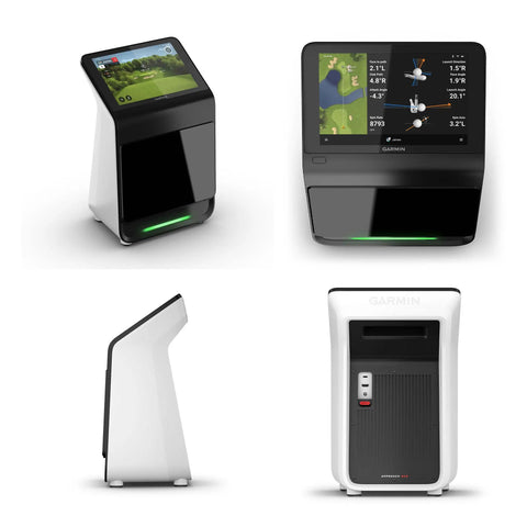 Views of the Pro Grade Golf Launch Monitor And Simulator With 3 Camera Precision showing front and side angles with display.
