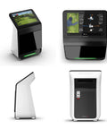 Pro-Grade Golf Launch Monitor And Simulator Bundle with 3-camera precision shown from different angles with touchscreen display.