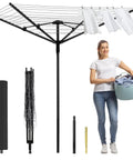 Outdoor Clothes Drying Rack With 4 Aluminum Arms Folding Rotary Dryer displayed with user, ground spike, and waterproof cover.