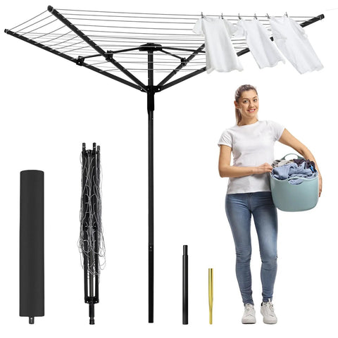 Outdoor Clothes Drying Rack With 4 Aluminum Arms Folding Rotary Dryer displayed with user, ground spike, and waterproof cover.
