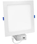 8 Inch Square Slim Recessed LED Downlight, 5 Selectable Color Temperatures, 1600 Lumens, No Sweat Switch Install, Top Shelf White Trim, Built Different For Any Room with blue clips.