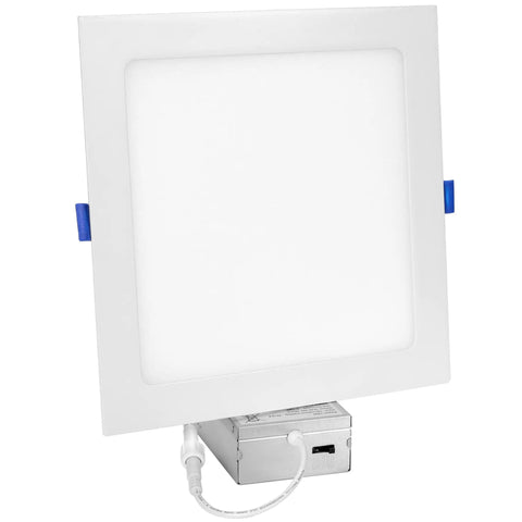 8 Inch Square Slim Recessed LED Downlight, 5 Selectable Color Temperatures, 1600 Lumens, No Sweat Switch Install, Top Shelf White Trim, Built Different For Any Room with blue clips.