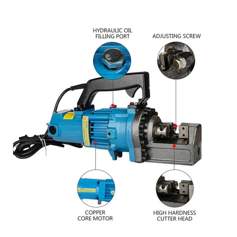 Fast Portable Electric Hydraulic Rebar Cutter 4-25mm Steel Bar Shears with hydraulic oil filling port and adjusting screw.