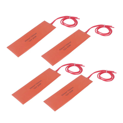 Set of 4 Flexible Silicone Heating Pads With NiCr Alloy Element, Heavy Duty Industrial Thermal Mats for Equipment, 12V 20W, 200 C Temperature Resistance, Fast Heat Transfer, 50x150mm