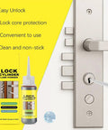 Graphite Lock Lubricant Powder 8g Two Pack For Lock Cylinders Keys Padlocks U Locks And Doors next to a door lock being lubricated