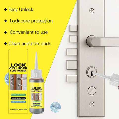 Graphite Lock Lubricant Powder 8g Two Pack For Lock Cylinders Keys Padlocks U Locks And Doors next to a door lock being lubricated