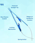 Castroviejo Micro Precise Needle Suture Holder With 5.5 Inch Straight Tip And Tungsten Carbide Jaws For Superior Grip Durable Locking Action Autoclavable And Rust Resistant For Surgical Precision showing blue plasma coating and features