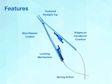 Castroviejo Micro Precise Needle Suture Holder With 5.5 Inch Straight Tip And Tungsten Carbide Jaws For Superior Grip Durable Locking Action Autoclavable And Rust Resistant For Surgical Precision showing blue plasma coating and features