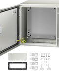 Rugged NEMA 4X Steel Enclosure 12 In By 12 In By 8 In Weatherproof IP66 Waterproof And Dustproof Electrical Box open showing mounting plate and parts