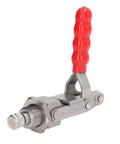 Professional Grade Beefy Horizontal Push Pull Clamp With Quick Toggle Lever For Welding Positioning Metal Work Holding Straight Up Highly Reliable Shop Tool, featuring a red handle and stainless steel construction.