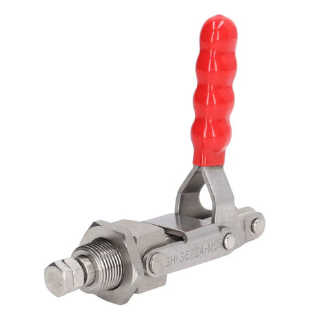 Professional Grade Beefy Horizontal Push Pull Clamp With Quick Toggle Lever For Welding Positioning Metal Work Holding Straight Up Highly Reliable Shop Tool, featuring a red handle and stainless steel construction.