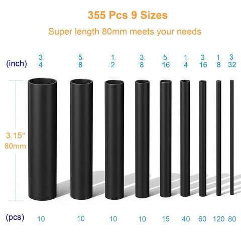Heat Shrink Tubing Kit With 355 Pieces In 9 Sizes 3 To 1 Dual Wall Adhesive Lined Pro Grade Waterproof Marine Wire Wrap Tubing Black