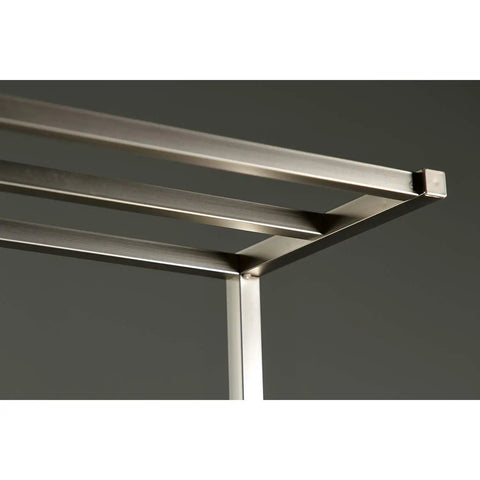 Close-up of the Edenscape Freestanding Towel Rack in brushed nickel solid steel triple bar design.
