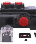 Front view of Solarhome 1 spool solenoid hydraulic control valve, 12V DC, dual-acting, black body with red cap