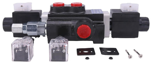 Front view of Solarhome 1 spool solenoid hydraulic control valve, 12V DC, dual-acting, black body with red cap