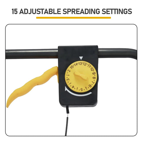Walk Behind And Tow Behind Broadcast Spreader With A 70 Pound Hopper, 15 adjustable flow control settings