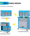 Eight Drawer Rolling Tool Chest On Wheels With Lockable Casters Detachable Top Bottom Cabinet And Side Hooks Heavy Duty Mechanic Tool Organizer For Garage Workshop Or Home Shop Storage, 2-in-1 detachable design