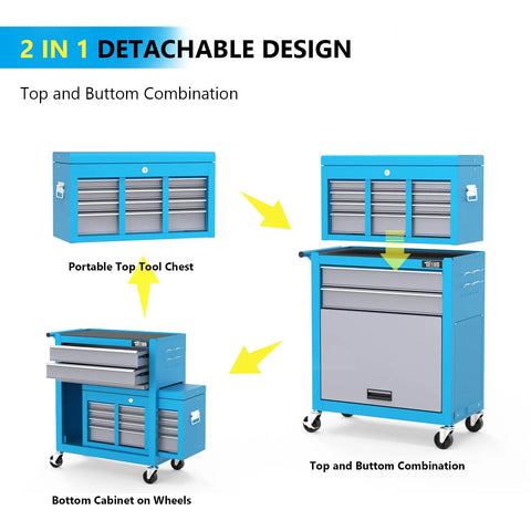 Eight Drawer Rolling Tool Chest On Wheels With Lockable Casters Detachable Top Bottom Cabinet And Side Hooks Heavy Duty Mechanic Tool Organizer For Garage Workshop Or Home Shop Storage, 2-in-1 detachable design